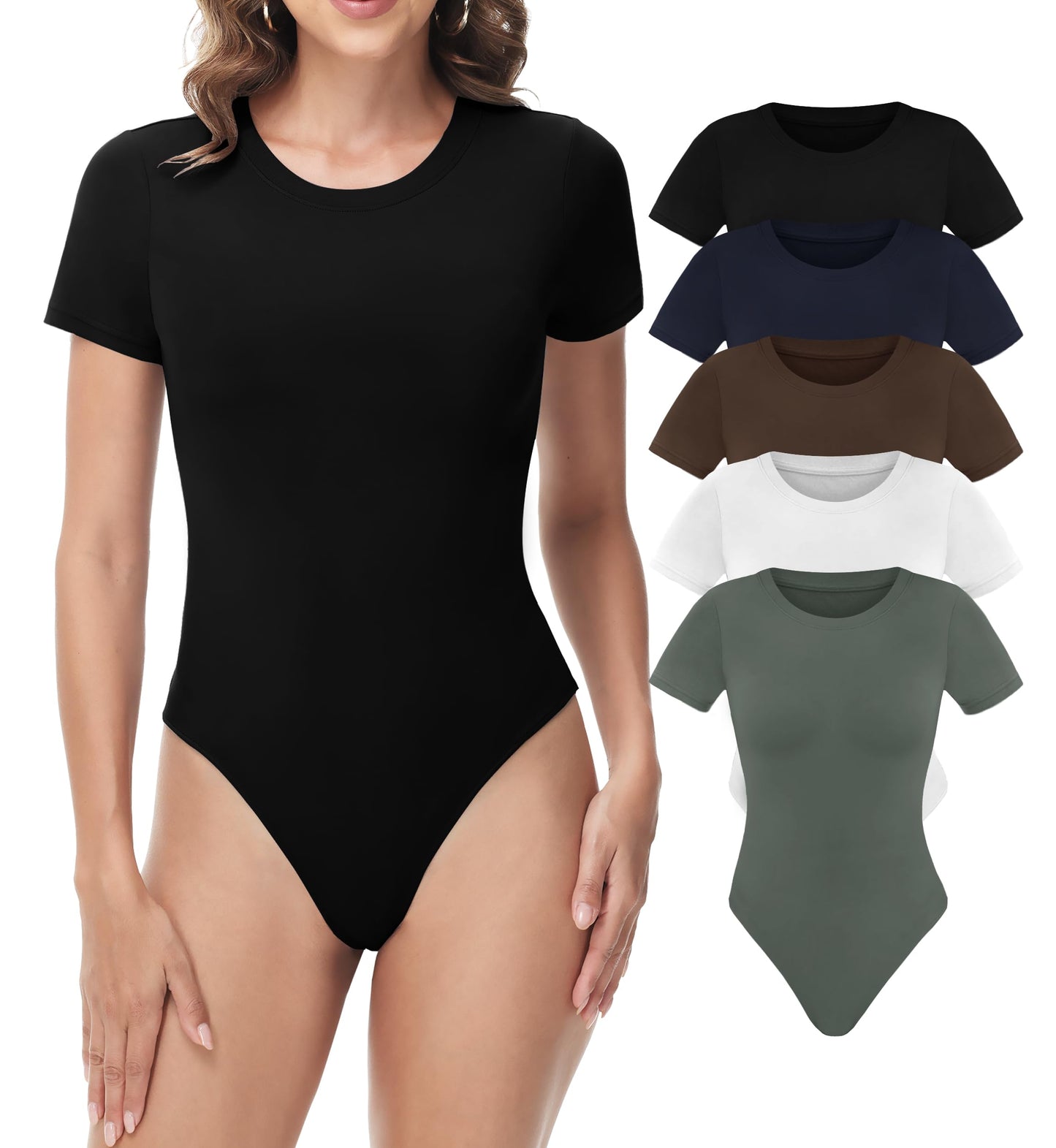 5 Pack Bodysuits for Women - Stretchy Bodysuit Womens Tops Round Neck Body Suit T Shirts for Women Going Out Tops