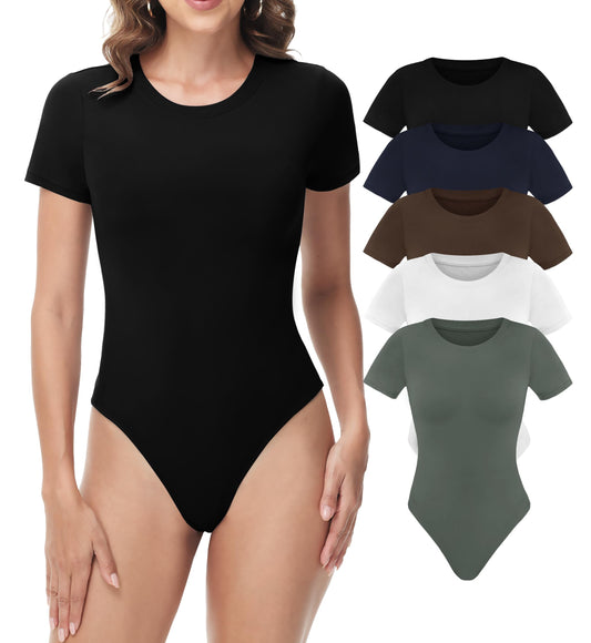 5 Pack Bodysuits for Women - Stretchy Bodysuit Womens Tops Round Neck Body Suit T Shirts for Women Going Out Tops