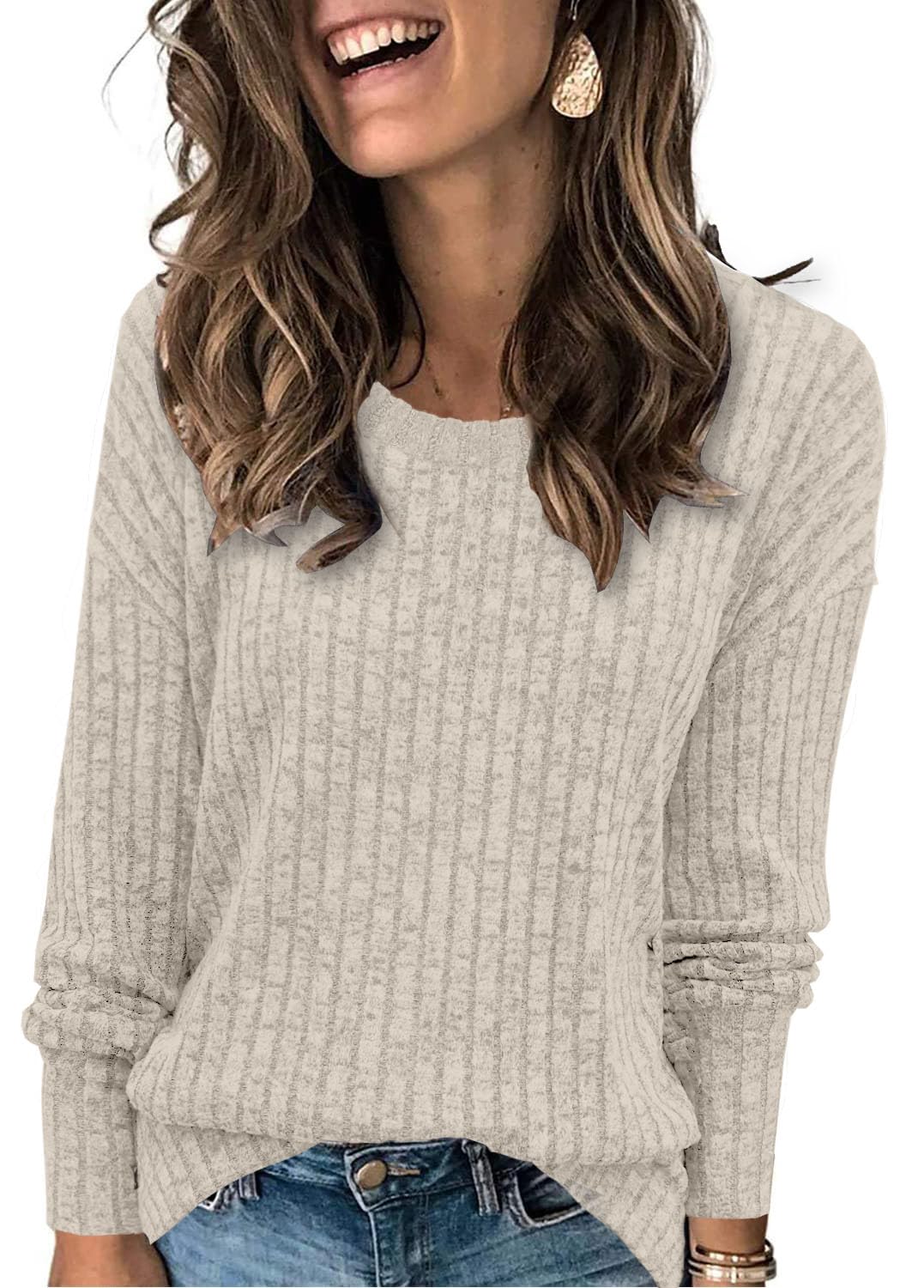 Womens Long Sleeve Shirts Fall Fashion 2024 Womens Tops Crewneck Fall Sweatshirt Apricot M
